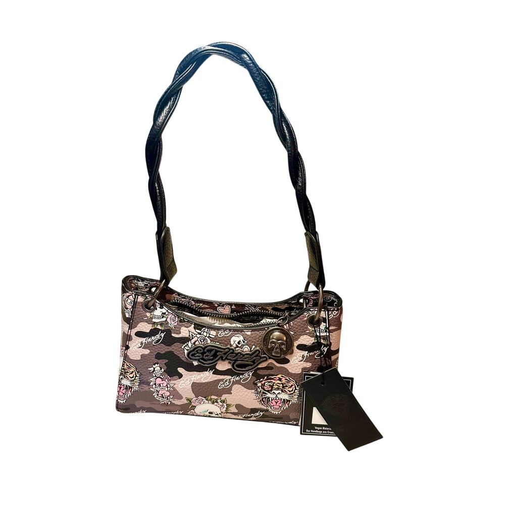 NWT Ed Hardy Camo Skull Tiger Shoulder Bag Pink Black Tattoo Graphic Purse